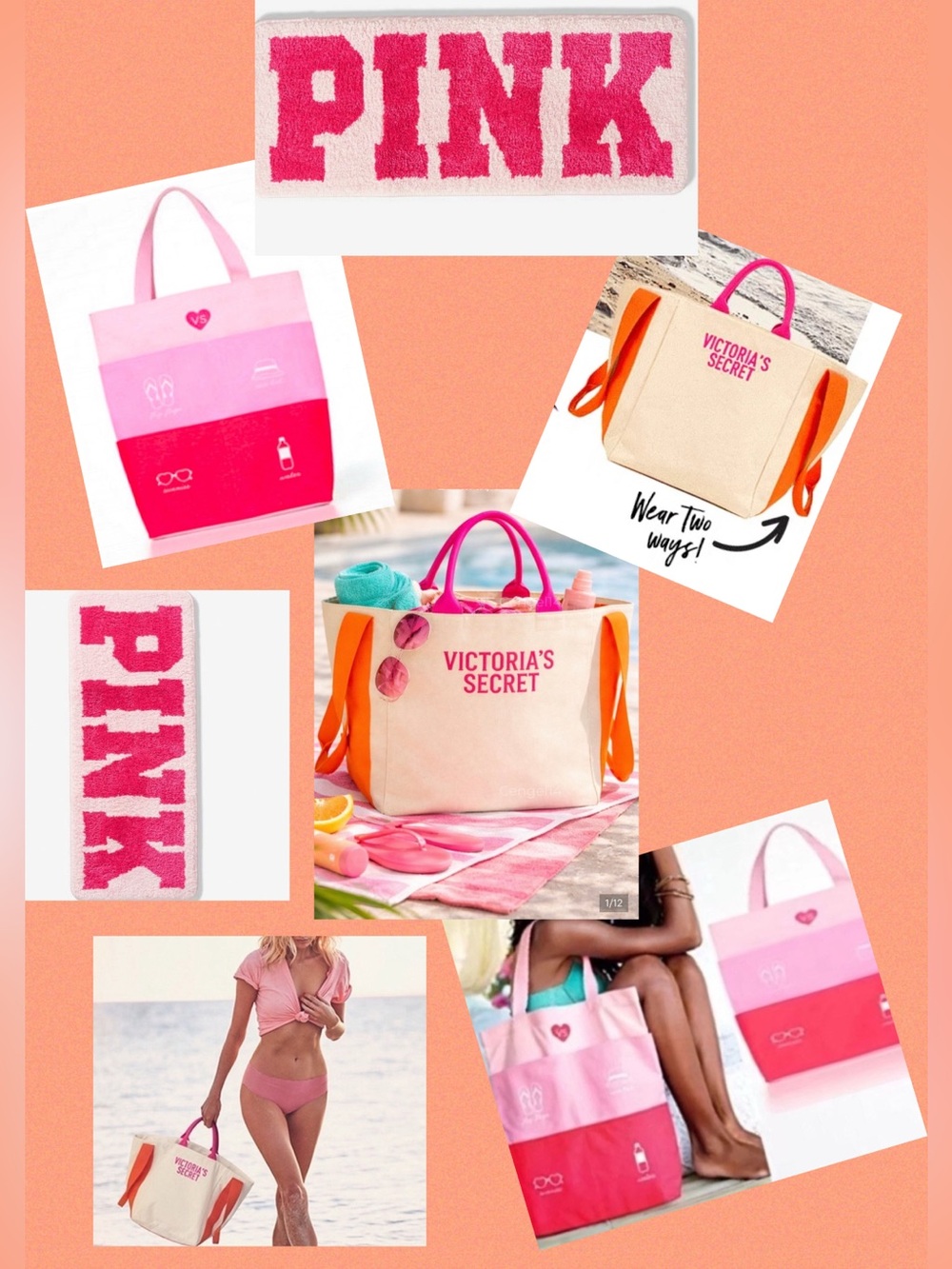 Set of 3, NWOT Victoria’s Secret Canvas Beach Totes (2) & NWT PINK Bath Mat